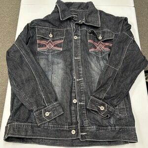 Knockout Denim Jacket Mens 2X Black Excellent Embroidered Contrast Stitch Y2K